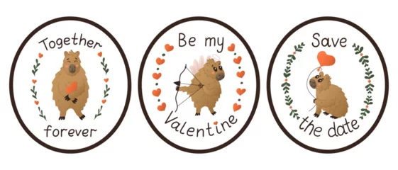 Foto op Plexiglas Set of flat colored capybaras stickers with handwriting text. St Valentines day typographic concept. Cute animal characters with floral frames. Isolated sticker with love lettering on white background © Olena