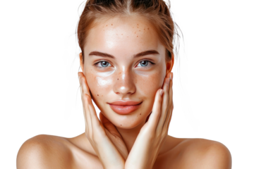 Portrait of young beautiful woman with scar or acne on face skin isolated on white transparent background.