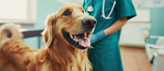 Happy golden retriever at a veterinary clinic with a vet in the background.