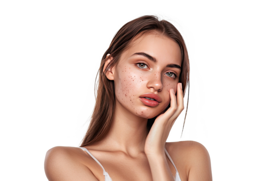 Portrait of young beautiful woman with scar or acne on face skin isolated on white transparent background.