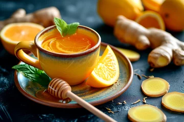 Fotobehang Ginger tea with lemon and honey on a dark background. Cup of hot tea. © Lubov
