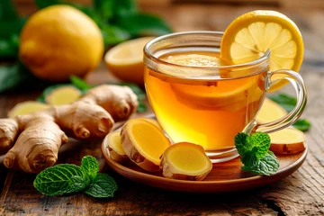 Poster Glass cup of hot ginger tea with lemon, honey and mint on dark rustic table. natural homemade remedy for cold and flu. © Lubov