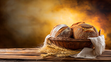 Fresh baked homemade of loaf bread on a napkin with wheat  on rustic background. - obrazy, fototapety, plakaty