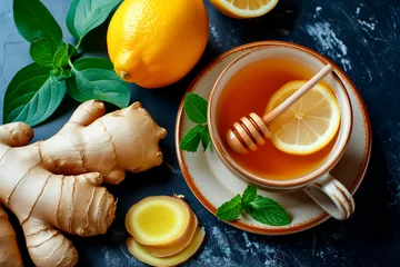 Zelfklevend Fotobehang Ginger tea with lemon and honey on a dark background. Cup of hot tea. © Lubov