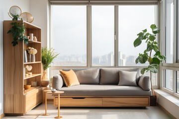 A cozy living room with a large window, a sofa, a coffee table, and a bookshelf
