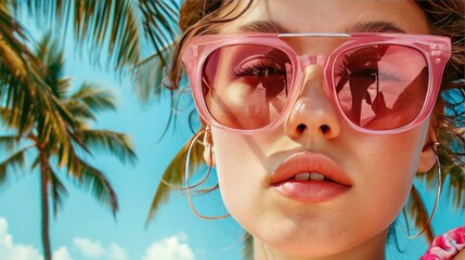 A stylish young woman, adorned with oversized sunglasses, embarks on a retro-style summer...