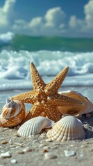Fototapeta na wymiar Starfish and Seashells on Beach, Natural Beauty of Marine Life