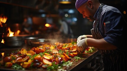 Chef preparing a delicious meal in a commercial kitchen - obrazy, fototapety, plakaty