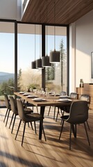 Fototapeta premium Modern dining room with a large wooden table and black leather chairs