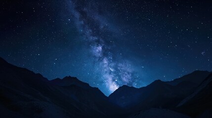 Starry night sky, mountains silhouette against the vastness of space