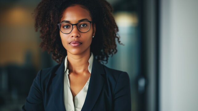 A poised African American woman in business attire with a serious expression