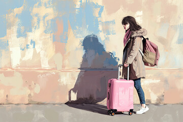 illustrations of a woman with pink suitcase ,travel concept