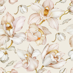 Seamless pattern with orchids in watercolor style
