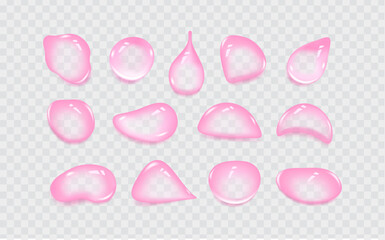 Liquid pink wet drops of gel or collagen.Spilled puddles of cosmetic serum or water. Round clean swatch of essence lotion or jelly for skin care.Beauty background with oil drops.