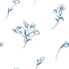 Seamless pattern with bouquets of wild flowers in indigo tones - 710931256