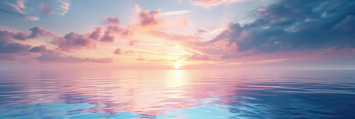 Obraz premium Morning sunrise, blue sea, pink sky, yellow sun glow, golden reflection on water. banner