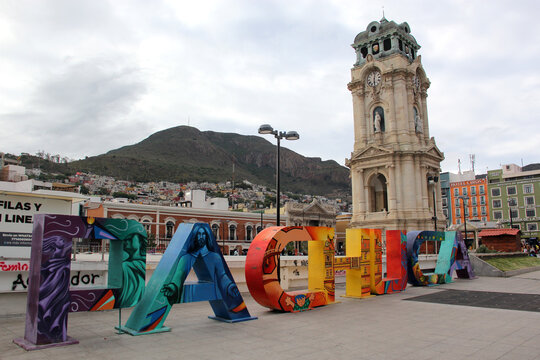 Pachuca, Hidalgo, Mexico - Aug 16 2023: Monumental Clock in the center of the capital of the state, birthplace of Mexican soccer, the beautiful airosa
