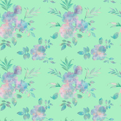 watercolor seamless pattern, peony flowers with leaves, hand drawn illustration on green background