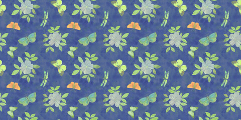 Fototapeta na wymiar flowers and butterflies, seamless watercolor pattern on abstract background for wrapping paper and wallpaper.