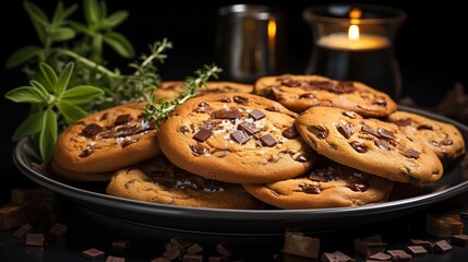 Close-up of a plate of chocolate chip cookies with chocolate chunks and a lit candle in the background