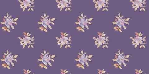 abstract flowers drawn in watercolor digitally, botanical seamless pattern for design, purple background