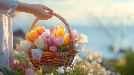 A person holding a basket full of flowers - obrazy, fototapety, plakaty