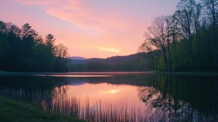 Fototapeta na wymiar The sun is setting over a lake in the woods