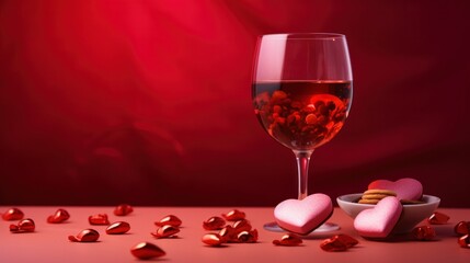 A glass of wine next to a bowl of hearts