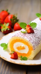 A piece of cake on a plate with strawberries