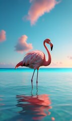 Fototapeta premium A lone flamingo basks in the sunlight over the warm turquoise waters of the island, against the evening sky