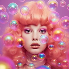 Portrait of a woman with pink hair and bubbles