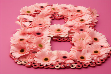 Elegant floral arrangement forming figure eight, set against a soft pink backdrop