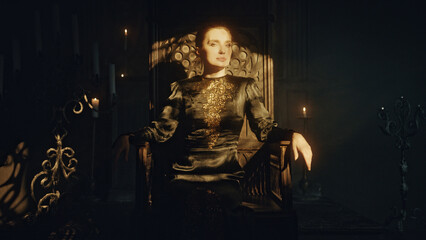 Portrait of a young woman in a black long dress sits in a wooden carved throne in a dark Gothic...
