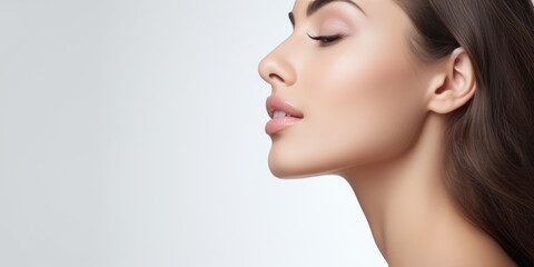 Beautiful model woman posing on white studio background, close up shot