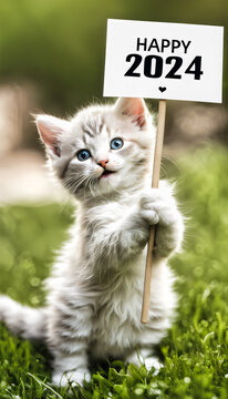 A cute white kitten holding a sign that says "Happy 2024" on the grass