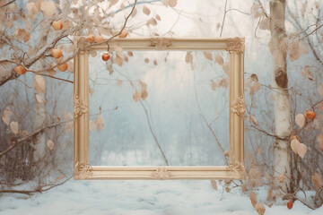 Golden stylized old frame without background in the middle of a frozen forest.