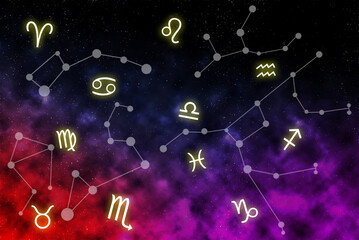 Astrology, zodiac signs and esoteric magic concept. Flying cosmic zodiac symbols and constellations in space galaxy.