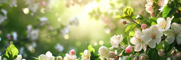 Spring background with beautiful apple blossoms, banner. copy space. - obrazy, fototapety, plakaty
