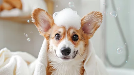 Fotobehang Adorable cute pet taking a bath and covered in towel © Fox Bread