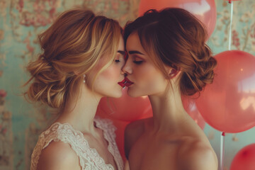 Fototapeta premium Two beautiful women kissing each other. Valentines day celebration concept