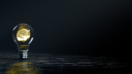 A light bulb with a glowing brain inside, in a low lighting environment, 3d illustration - obrazy, fototapety, plakaty