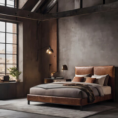 Brown shabby leather bed against concrete wall. Loft interior design of modern bedroom