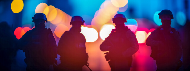 silhouettes of police officers in tactical gear against a blurred background of glowing, bokeh lights in blue and red, suggesting an atmosphere of law enforcement activity at night - obrazy, fototapety, plakaty