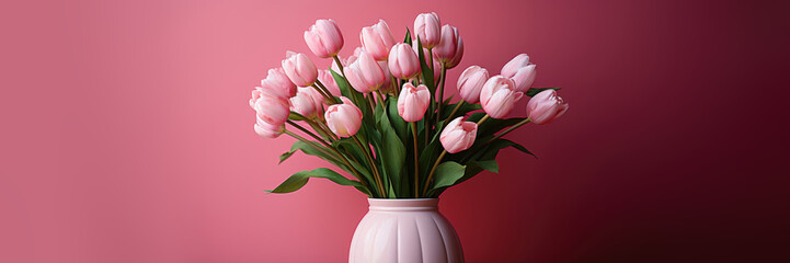 Fototapeta premium Horizontal banner with copyspace. Bouquet of Pink tulips in vase on powdery background. Gift concept on March 8, Valentine's day for woman, lover, wife, sister, beloved, girlfriend, mother, daughter