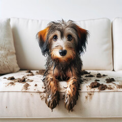 A cute little dog covered in mud with a guilty face is sitting on a clean sofa couch on white background. ai generative