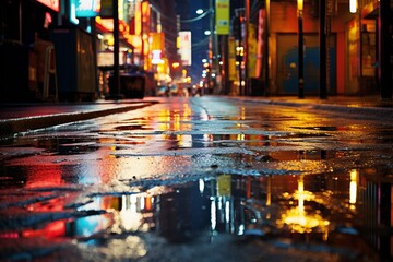 Close-up of urban rain with reflections in puddles