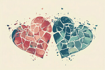 Broken hearts illustration concept. Valentine's red and blue hearts.