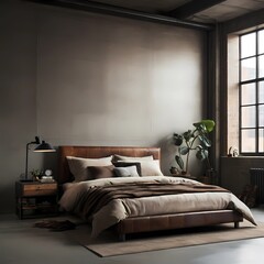 Modern bedroom with a loft interior design, featuring a brown shabby leather bed set against a concrete wall.