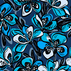 Stylized abstract seamless pattern with flowers for fabric design, packaging and wallpapers.