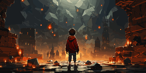 child with spear standing in a cave full of many futuristic stone blocks, digital art style, illustration painting - obrazy, fototapety, plakaty